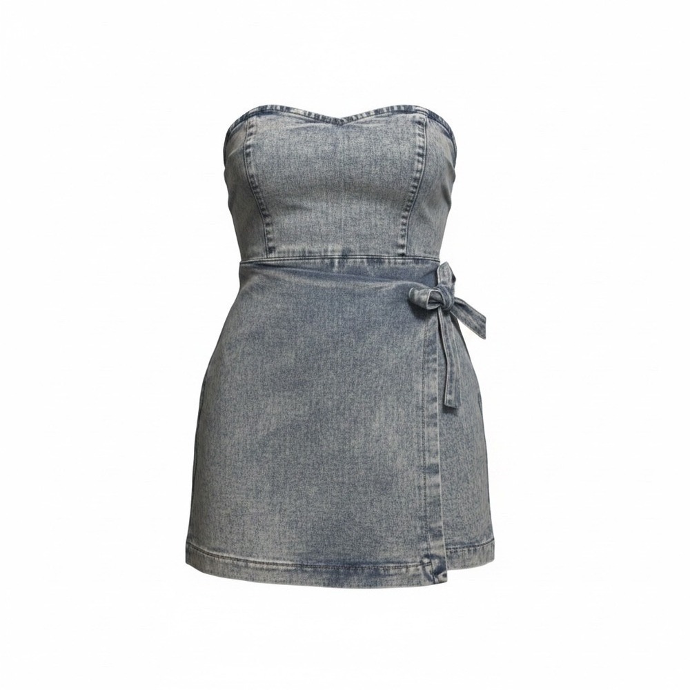 Flying Tomato Women Acid Wash Denim Strapless Skort Romper Blue Side Tie Large - Picture 2 of 8